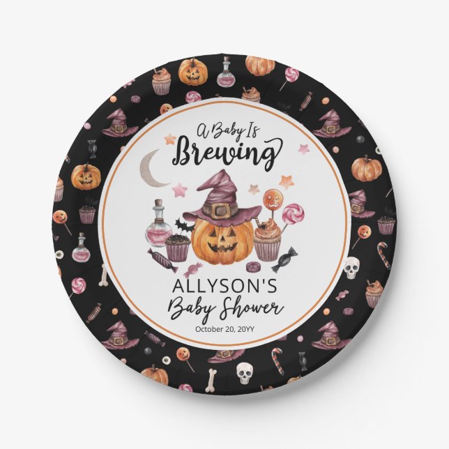 A Baby Is Brewing Jack-O-Lantern Halloween Shower  Paper Plates (Front)