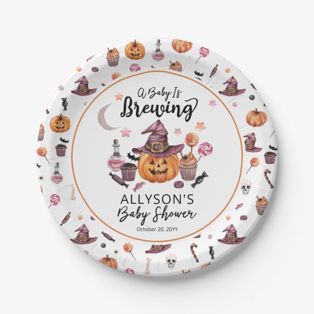 A Baby Is Brewing Jack-O-Lantern Halloween Shower  Paper Plates (Front)