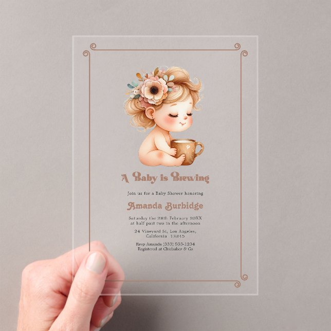 "A Baby is Brewing" Mocha Mousse Baby Shower Acrylic Invitations (Insitu (Handheld))