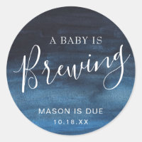 A Baby Is Brewing Navy Blue Boy Baby Shower Favor Classic Round Sticker