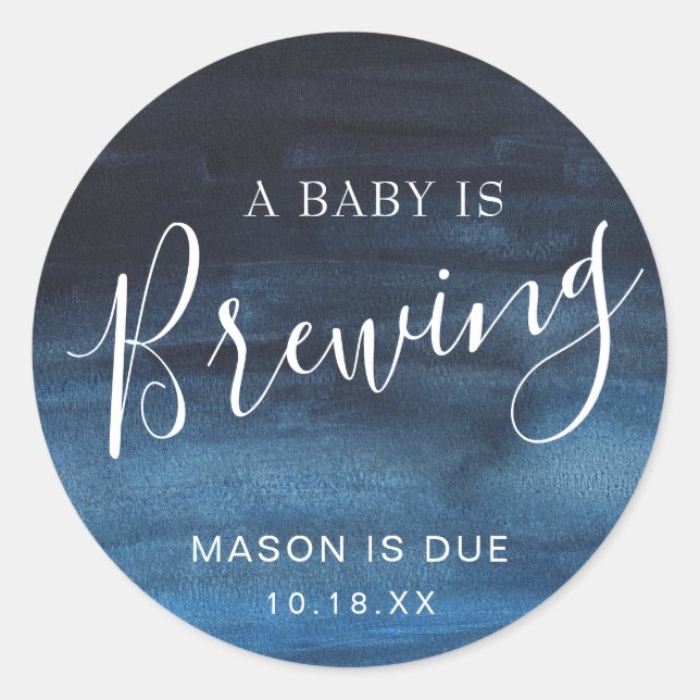 A Baby Is Brewing Navy Blue Boy Baby Shower Favor Classic Round Sticker (Front)
