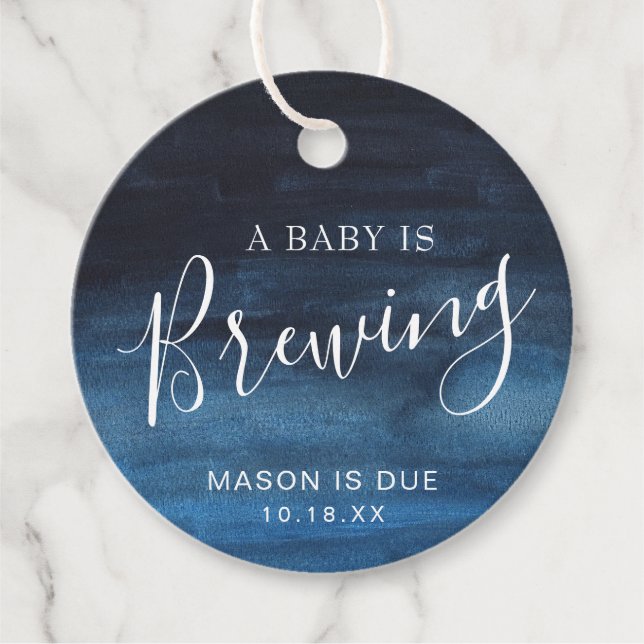 A Baby Is Brewing Navy Blue Boy Baby Shower Favor Tags (Front)