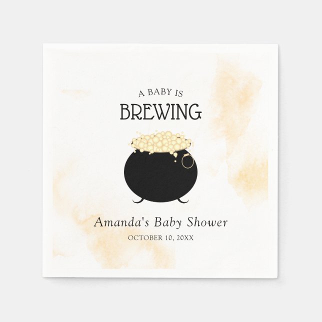 A Baby Is Brewing Neutral Halloween Baby Shower Napkins (Front)