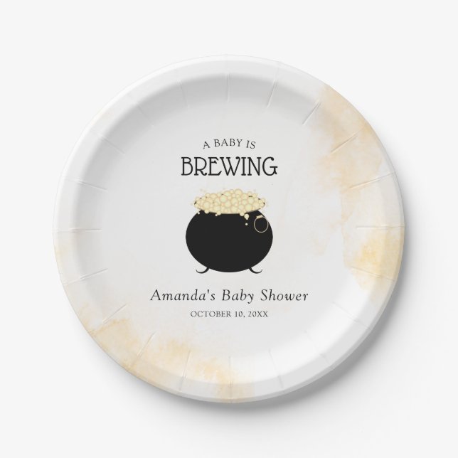 A Baby Is Brewing Neutral Halloween Baby Shower Paper Plates (Front)