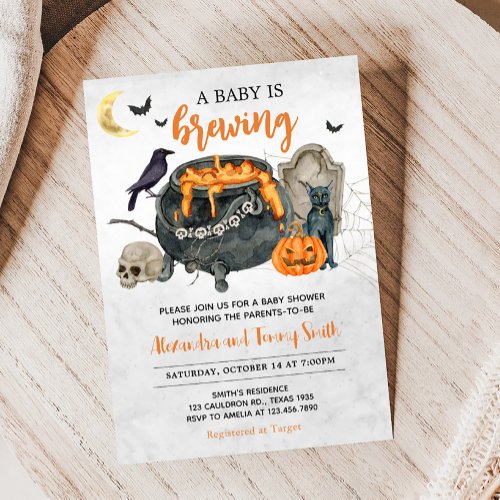 A Baby is Brewing Orange Halloween Baby Shower Invitation