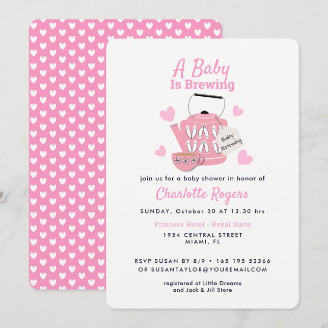 A Baby Is Brewing Pink Baby Girl Shower Invitation (Front/Back)