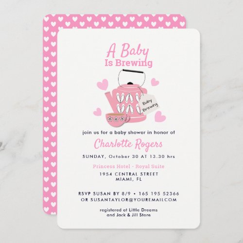 A Baby Is Brewing Pink Baby Girl Shower Invitation