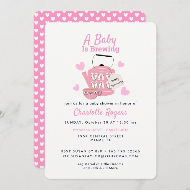 A Baby Is Brewing Pink Baby Girl Shower Invitation (Front/Back)