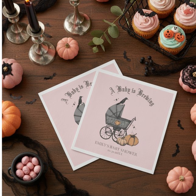 A Baby is Brewing Pink Baby Shower Napkins (Pink Gothic Girl Baby Shower Napkins. Spooky Victorian Baby Carriage, Orange Pumpkins, Black Raven)