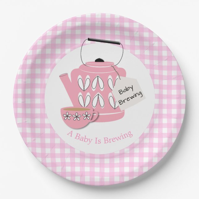 A Baby Is Brewing Pink Baby Shower Paper Plates (Front)