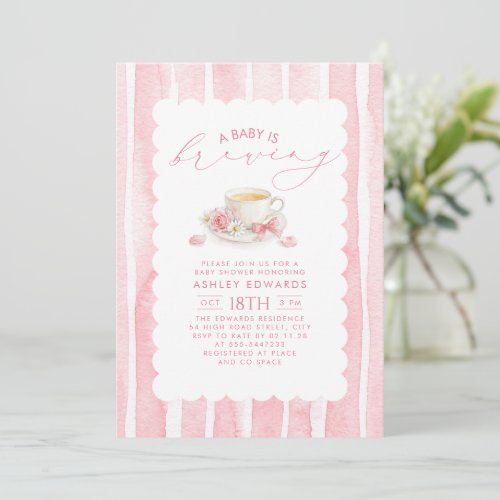 A Baby is Brewing Pink Flower Girl Baby Shower Tea Invitation