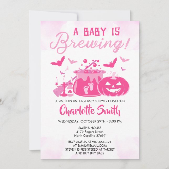 A Baby Is Brewing Pink Halloween Baby Shower Girl Invitation (Front)