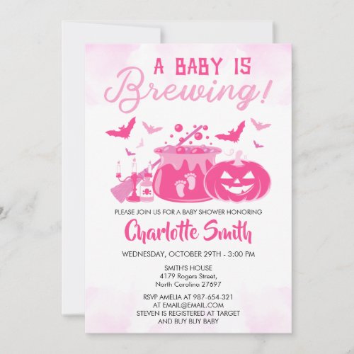 A Baby Is Brewing Pink Halloween Baby Shower Girl Invitation