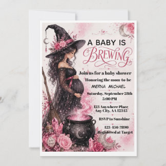A Baby is Brewing Pink Halloween Baby Shower Invit Invitation