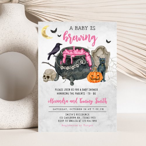 A Baby is Brewing Pink Halloween Baby Shower Invitation