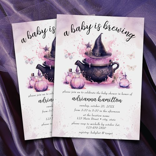 A Baby Is Brewing Pink Halloween Baby Shower  Invitation