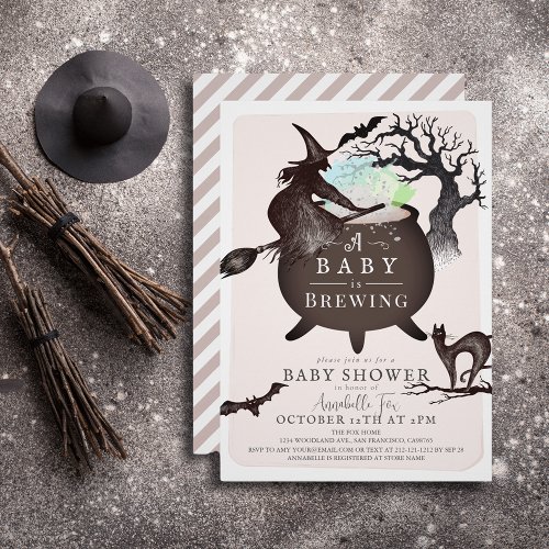 A Baby is Brewing Pink Halloween Baby Shower Invitation