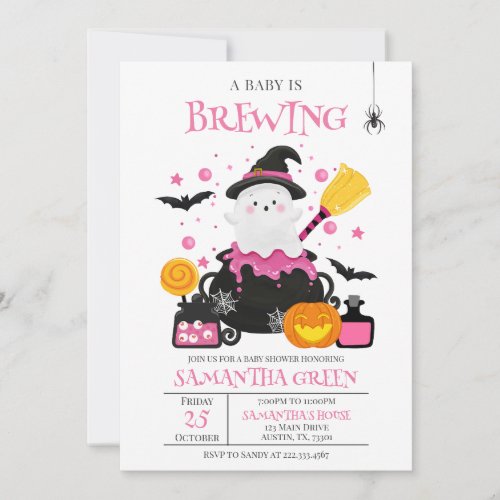 A Baby is Brewing Pink Halloween Baby Shower Invitation