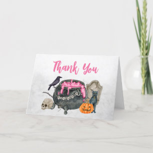 A Baby is Brewing Pink Halloween Baby Shower Letterpress Thank You Card