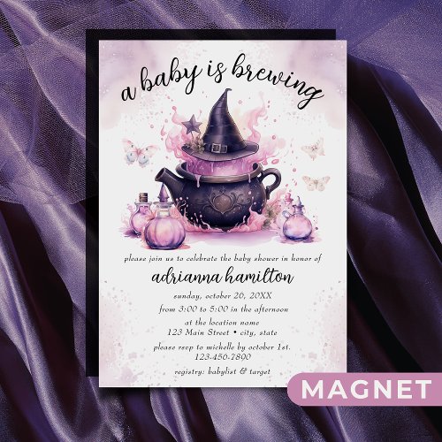 A Baby Is Brewing Pink Halloween Baby Shower  Magnetic Invitation