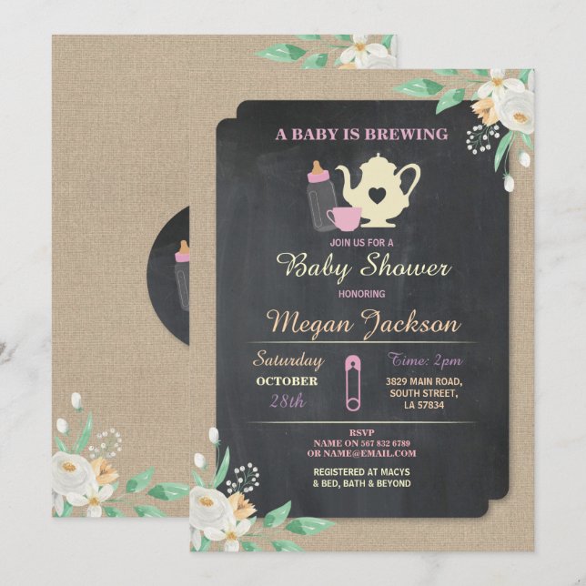 A BABY IS BREWING Pink Shower Tea Teapot Invite (Front/Back)