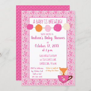 A Baby is Brewing Pink Teacup Baby Girl Shower Invitation