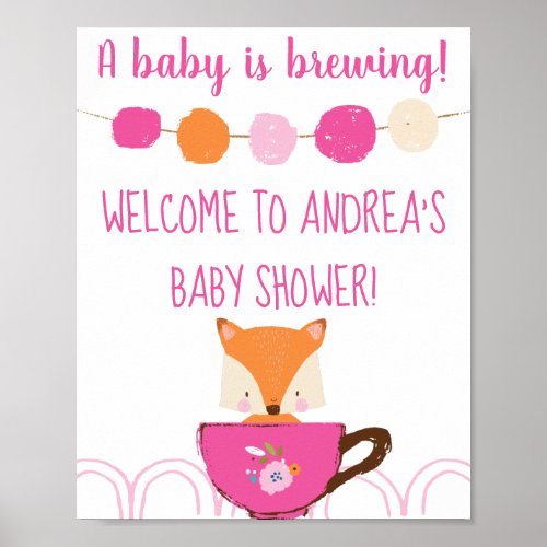 A Baby is Brewing Pink Teacup Baby Girl Shower Poster