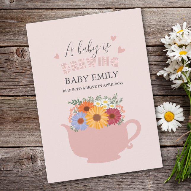 A Baby Is Brewing Pink Teapot Spring Baby Arrival Announcement (Creator Uploaded)