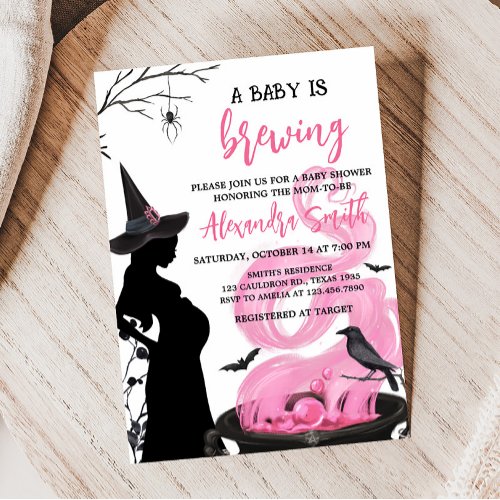 A Baby is Brewing Pink Witch Baby Shower Invitation