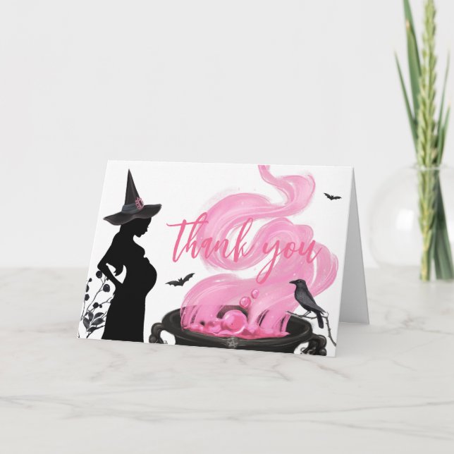 A Baby is Brewing Pink Witch Baby Shower Thank You Card (Front)