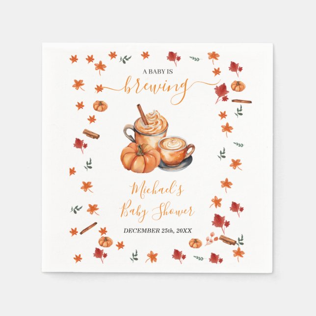 A Baby Is Brewing Pumpkin Spice Coffee Baby Shower Napkins (Front)