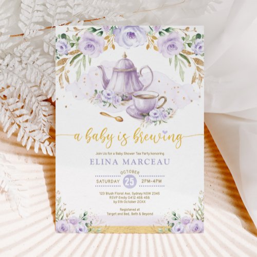 A Baby is Brewing Purple Flower Baby Shower Tea Invitation