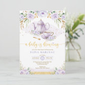 A Baby is Brewing Purple Flower Baby Shower Tea Invitation (Standing Front)