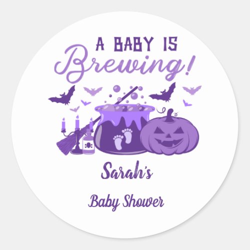 A Baby Is Brewing Purple Halloween Baby Shower Classic Round Sticker