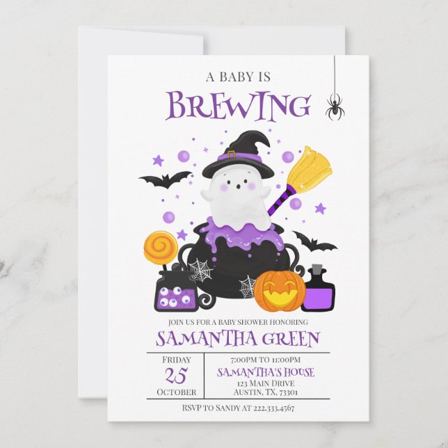 A Baby is Brewing Purple Halloween Baby Shower Invitation (Front)
