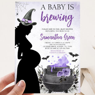 A Baby is Brewing Purple Halloween Baby Shower Invitation