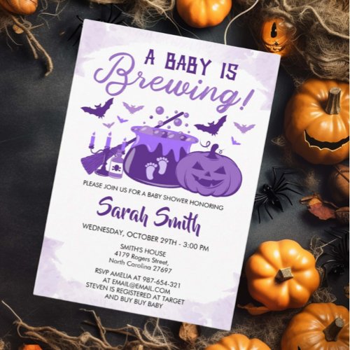 A Baby Is Brewing Purple Halloween Baby Shower Invitation