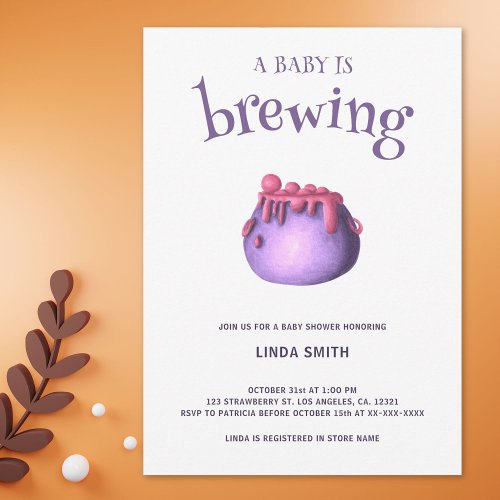 A Baby is Brewing Purple Halloween Baby Shower Invitation