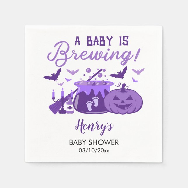 A Baby Is Brewing Purple Halloween Baby Shower Napkins (Front)