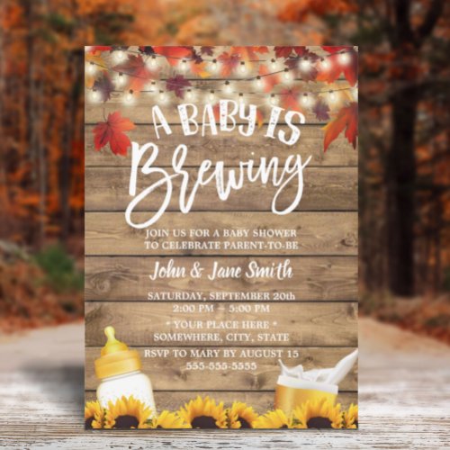 A Baby is Brewing Rustic Autumn Leaves Baby Shower Invitation