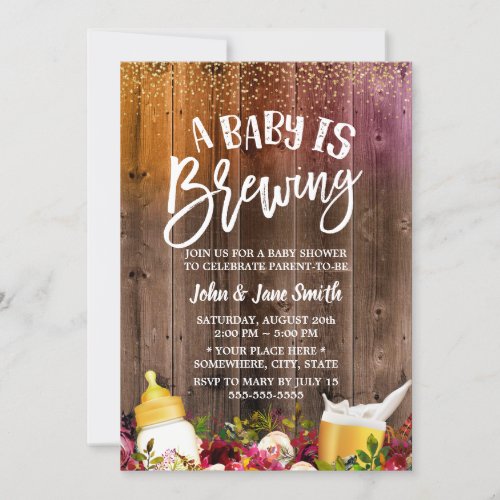 A Baby is Brewing Rustic Beer  Flower Baby Shower Invitation