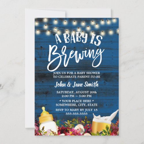 A Baby is Brewing Rustic Navy Beer Baby Shower Invitation