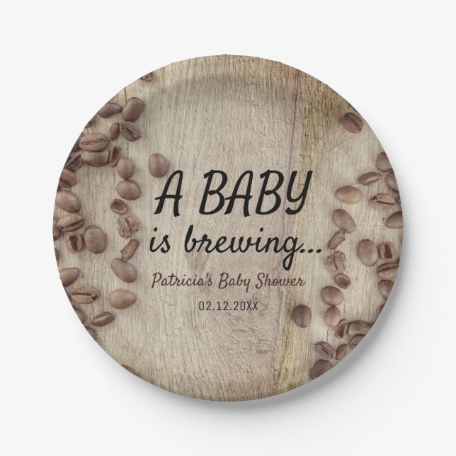 A Baby Is Brewing Rustic Wood Coffee Baby Shower Paper Plates (Front)