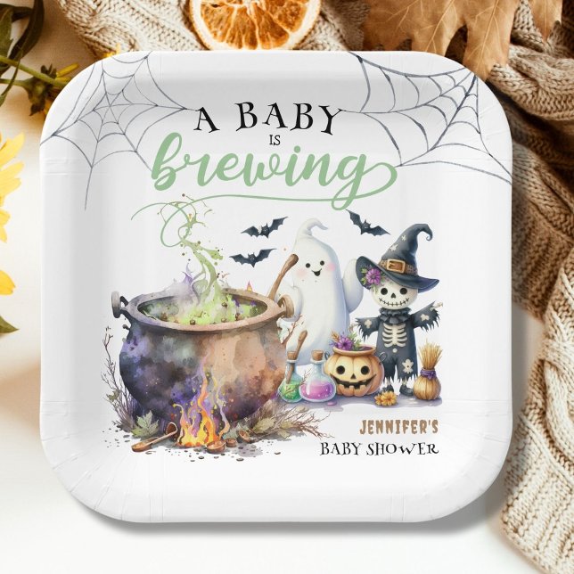 A Baby is Brewing Sage Green Halloween Baby Shower Paper Plates (Creator Uploaded)