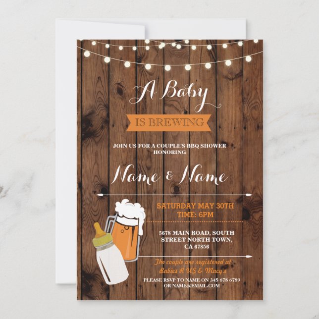 A Baby is Brewing Shower Beers BBQ Wood Invite (Front)
