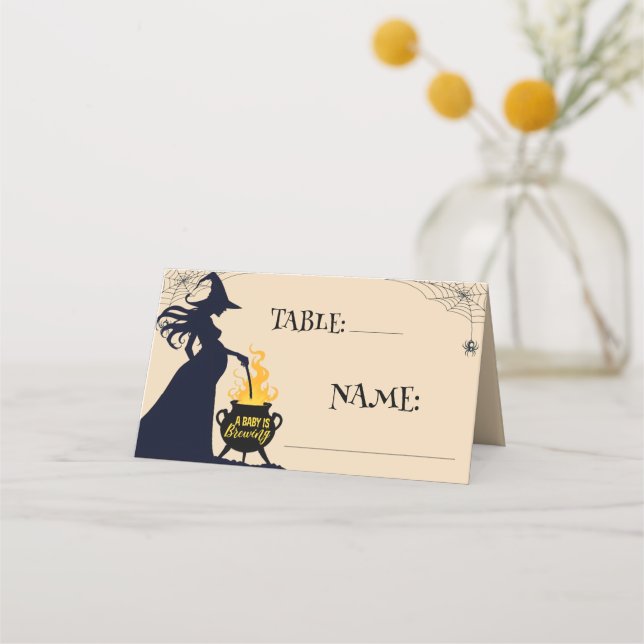 A Baby Is Brewing Shower Halloween Cauldron Table Place Card (Front)