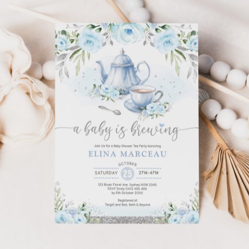 A Baby is Brewing Silver Blue Floral Tea Party Invitation