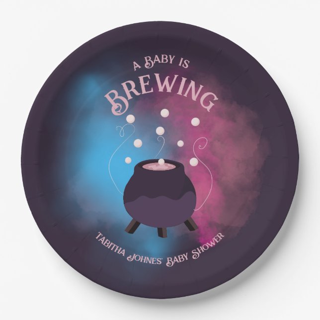 A Baby Is Brewing Spooky Gender Reveal Cauldron Paper Plates (Front)