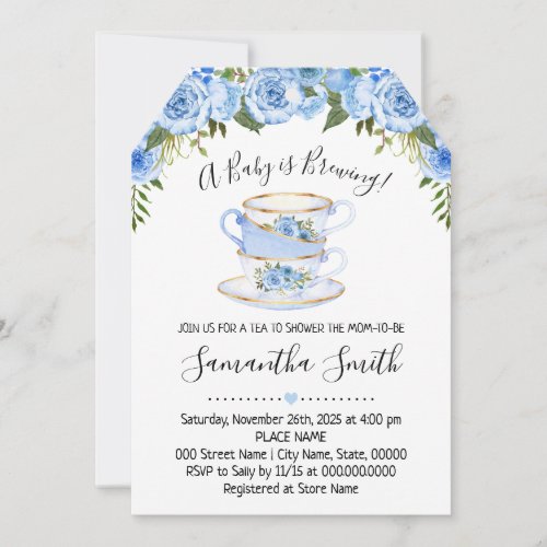 A Baby is brewing tea baby shower blue invitation