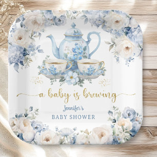 A Baby Is Brewing Tea Baby Shower Boy Blue Floral Paper Plates